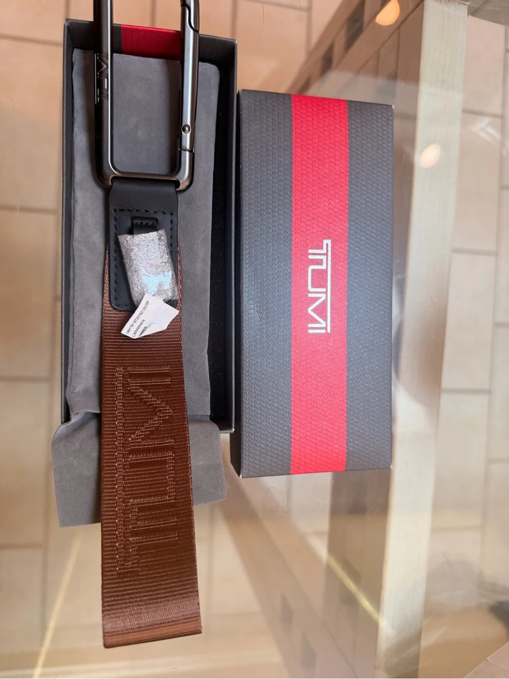 Tumi Brown Webbing Strap with Gunmetal Carabiner